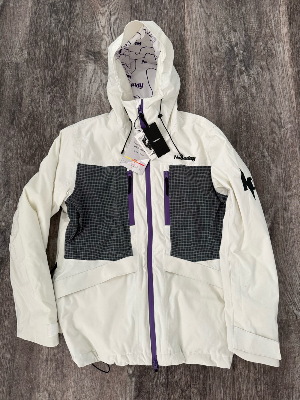 White Hooded Snowboarding Jacket with Purple Accents